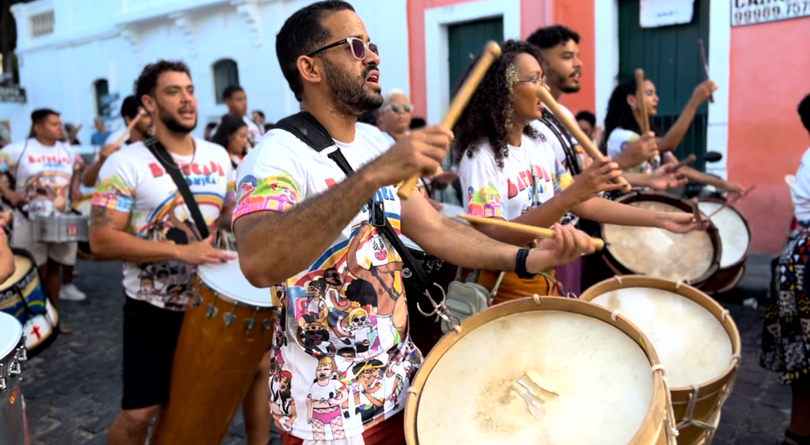 Maracatu percussion musicians performing in Recife, Brazil